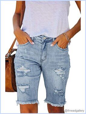 Mid Rise Ripped Denim Bermuda Shorts Stretchy 10 Inch Inseam